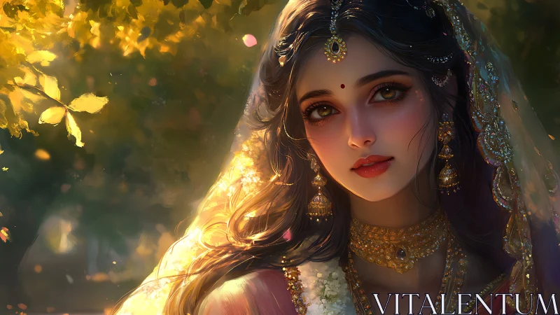 Digital portrait of woman in ornate attire under foliage.