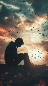 Backlit human silhouette amid turbulent ember-filled sky.