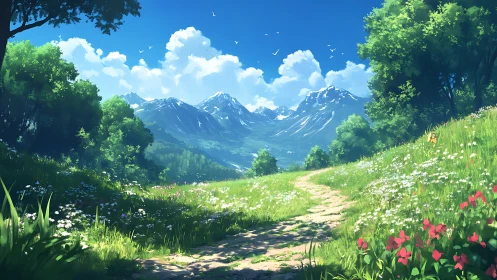 Sunlit alpine meadow path recedes toward distant snow peaks