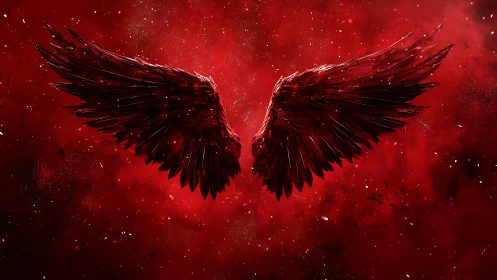 Crimson angel wings unfolding in a storm of glowing stardust.