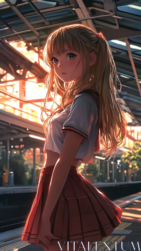 Sunlit schoolgirl waiting on quiet station platform at dusk.