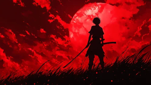 Silhouetted katana wielder against hyper-saturated blood moon.