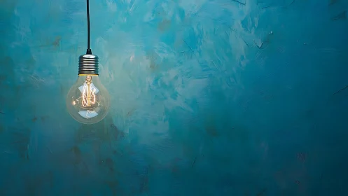 Warm hanging light bulb glows gently against textured teal wall