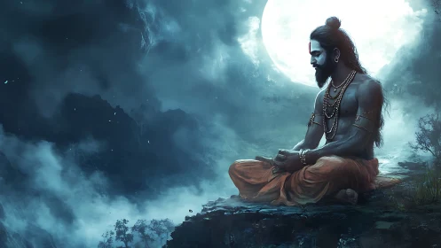 Meditative figure on rocky ledge under large full moon.