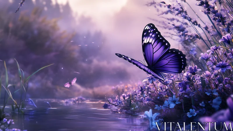 Enchanting Purple Butterfly in Dreamy Floral Meadow at Sunset.