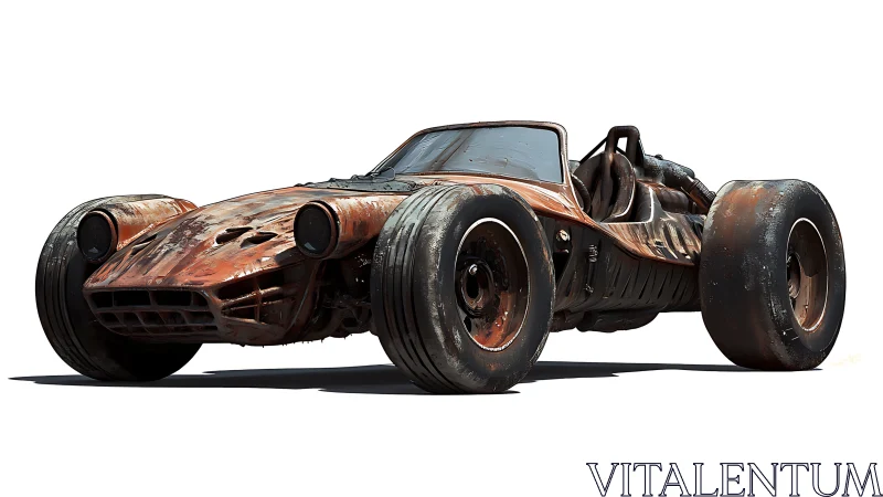 Rusted futuristic race car with oversized rear wheels.