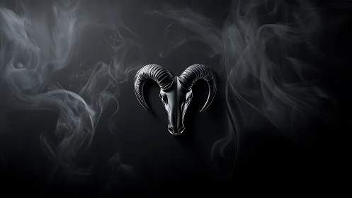 Polished ram skull emblem with volumetric smoke on matte black