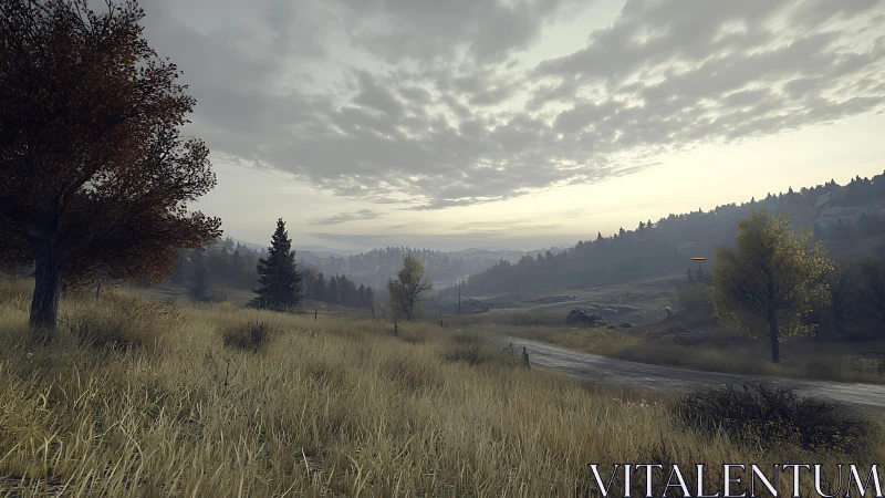 Overcast autumn prairie road with distant conifer ridgeline