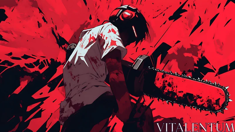 Blood-soaked chainsaw wielder dominates aggressive red backdrop