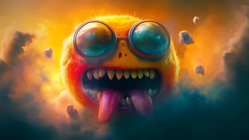 Volumetric cloud-creature sphere with reflective goggles roaring.