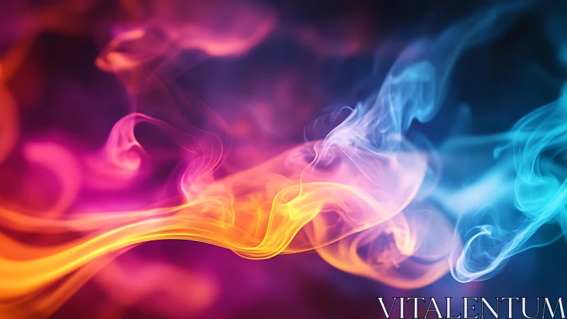 Colorful smoke plumes curve across a dark blurred background.