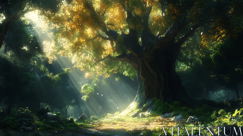 Ancient Forest Canopy with Crepuscular Light Rays and Verdant Understory.