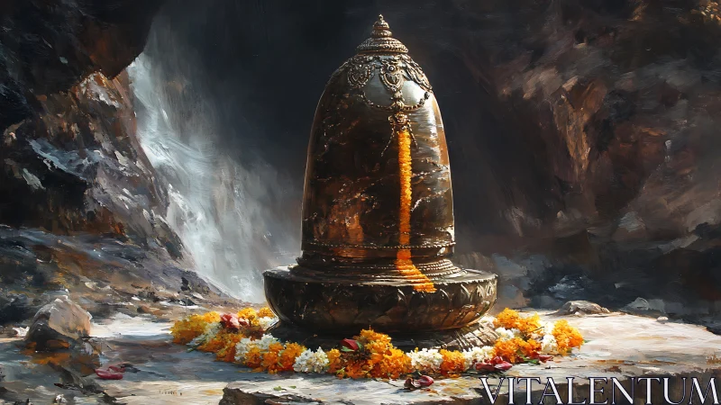 Stone Shiva lingam in rocky cave setting with flower garlands.
