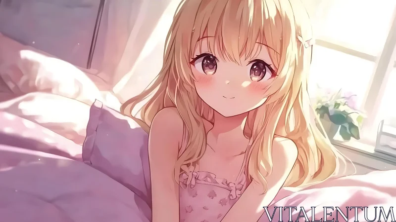 Blonde anime girl smiles softly in sunlit pastel bedroom