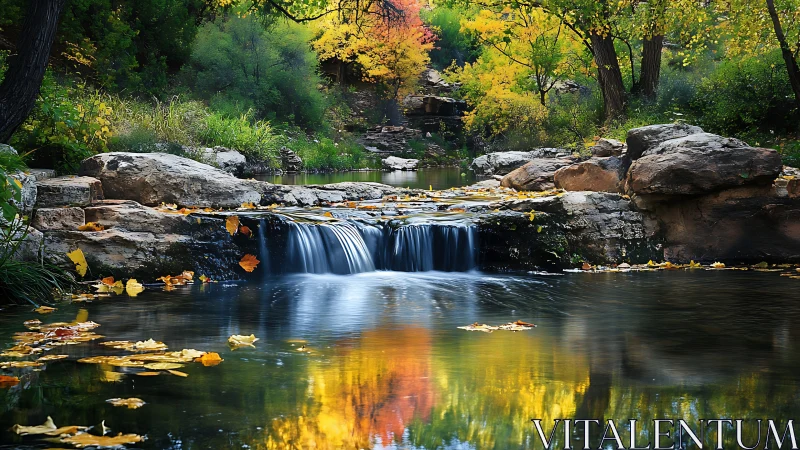 Photorealistic autumn creek with reflective cascade composition.