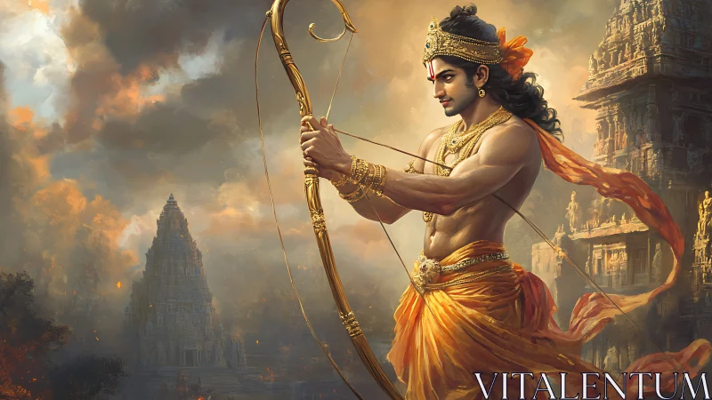 Mythic archer framed by temple architecture and storm-lit sky