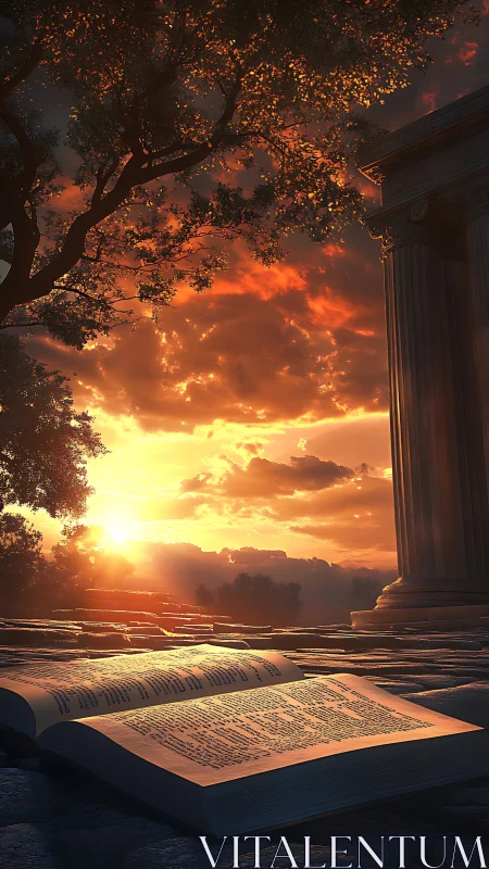 Open book on stone terrace near column at sunset sky.