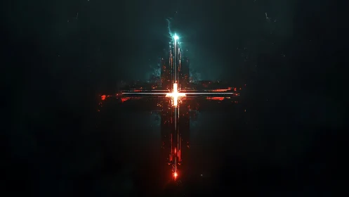 Glowing digital cross ignites within a deep cosmic void.