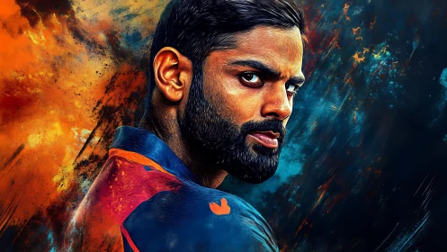 Bearded male athlete portrait rendered in vivid digital paint