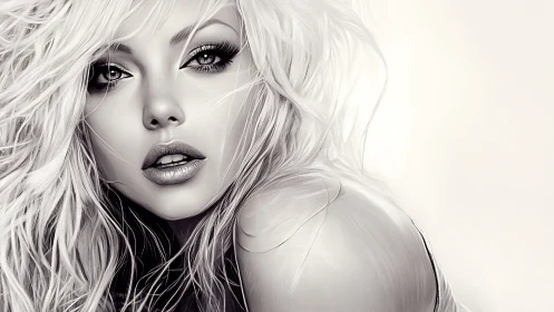 Monochrome digital portrait of blonde woman, high contrast