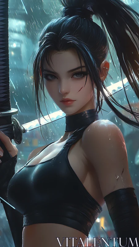 Cyberpunk katana warrior holds blade under neon rain.