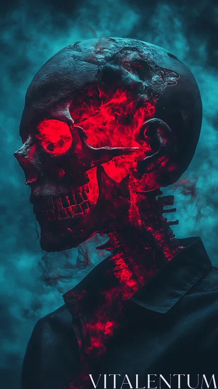 Digital painting profile of flaming skull in cyan haze atmosphere.