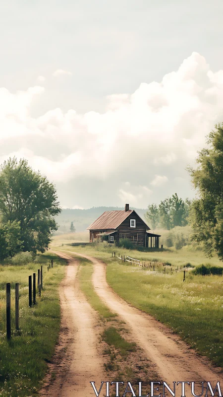 Quiet country lane leads toward a cozy rustic farmhouse