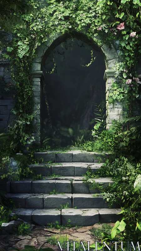 Vegetation-sheathed stone archway framing a shadowed void.