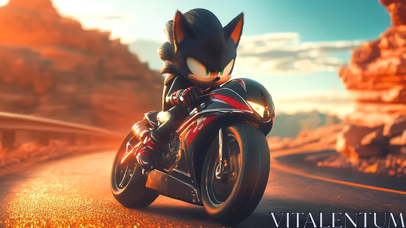 Anthropomorphic hedgehog riding sport bike on desert road.