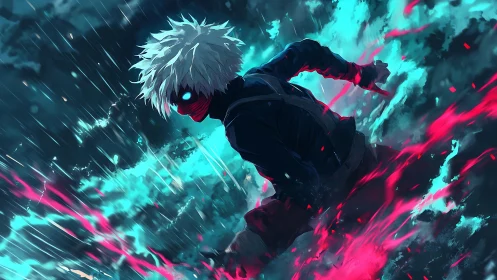 Storm-lit anime hero racing through neon-touched chaos.