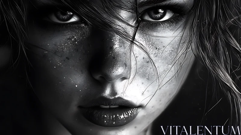 High-contrast monochrome portrait isolates wet skin microtextures