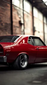 Red classic muscle car parked in an industrial warehouse