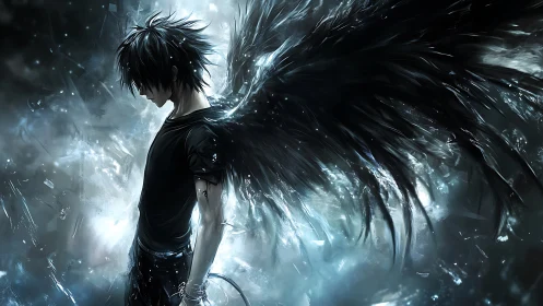 Dark-winged anime angel stands in shattered icy light