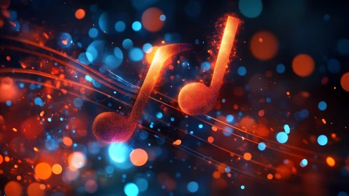 Luminous musical notes in neon bokeh soundscape illustration.
