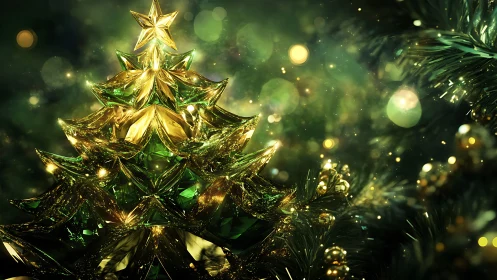 Crystalized golden Christmas tree under festive bokeh glow.