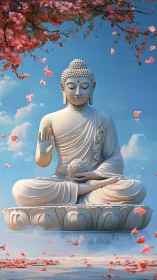 White seated Buddha statue with petals in blue sky scene.