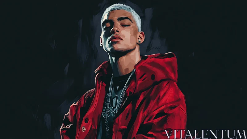 Stylized digital portrait emphasizes red jacket and strong chiaroscuro