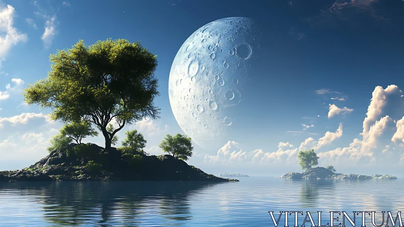 Lunar Celestial Body Suspended Over Tranquil Island Archipelago.