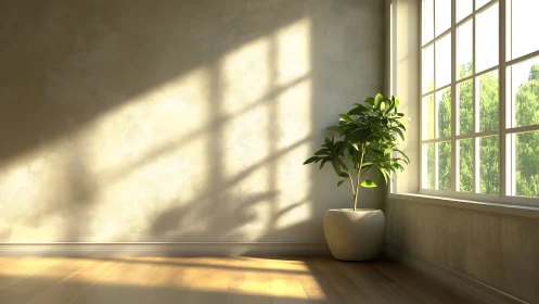Indoor potted plant in sunlight near large window wall.
