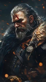 Battle-scarred winter warlord wrapped in ember-kissed furs.