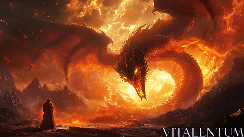 Volcanic sky wyrm confronting cloaked figure in lava canyon