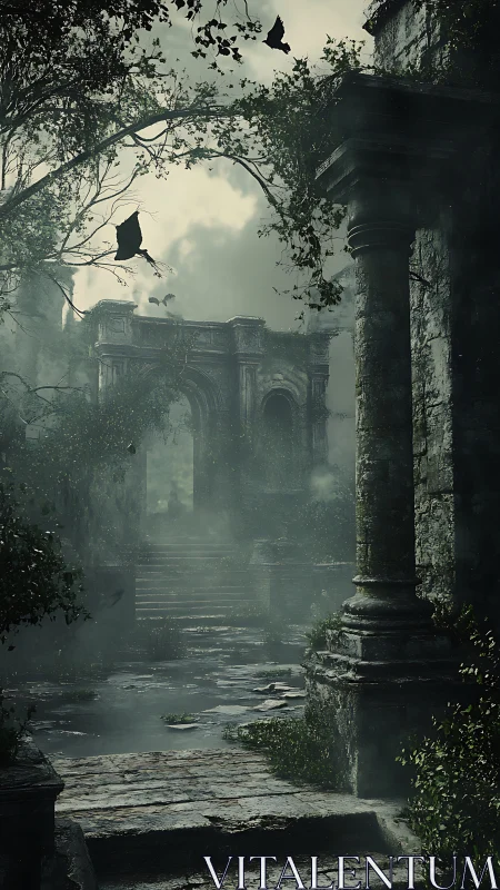 Forgotten stone courtyard wrapped in soft green misty hush.