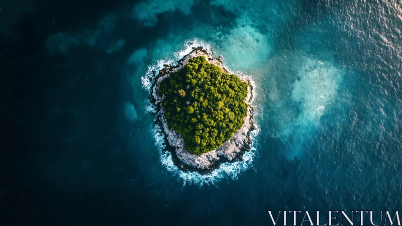 Verdant Island Aerial: Forested Outcrop Surrounded by Turquoise Waters.