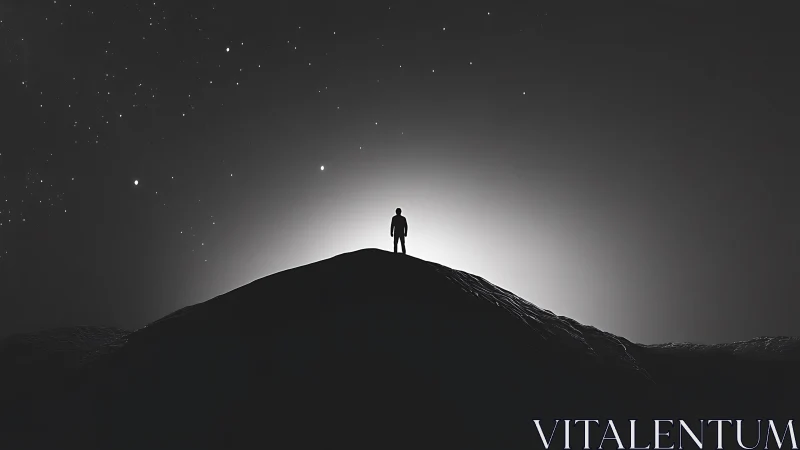 Silhouette of lone figure on ridge under star field at night.