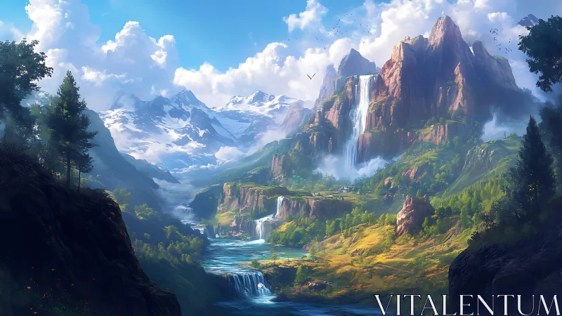 Layered alpine valley with cascading waterfalls and atmospheric haze