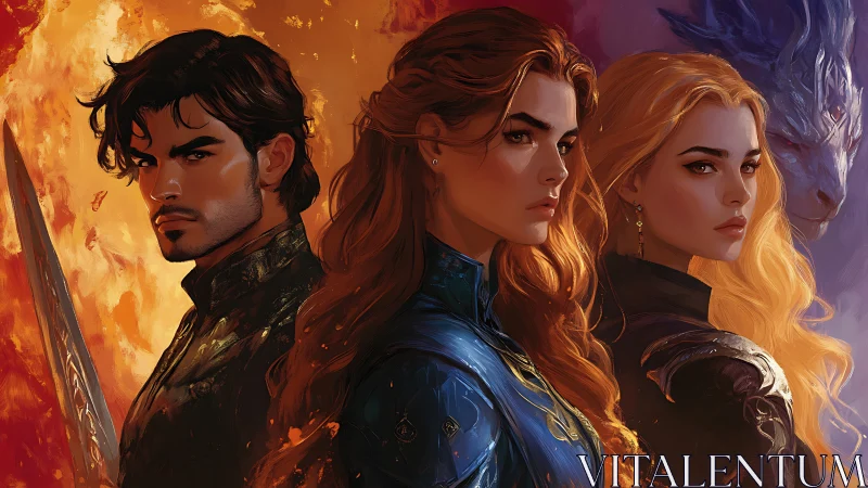 Fantasy warriors with dragon in fiery and violet light.