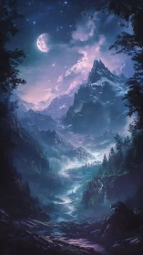 Moonlit river climbing through star-soaked spellbound peaks.