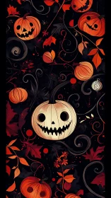 Smiling jack-o’-lanterns swirl amid dark autumn foliage
