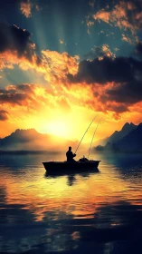 Golden lake sunset with a quiet fisherman in silhouette.