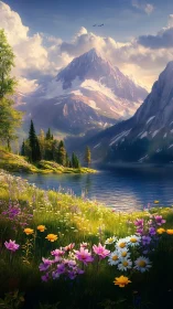 Sunlit alpine lake with wildflower meadow beneath snowy peak.